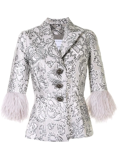 Andrew Gn Floral Brocade Feather Cuff Jacket In Silver