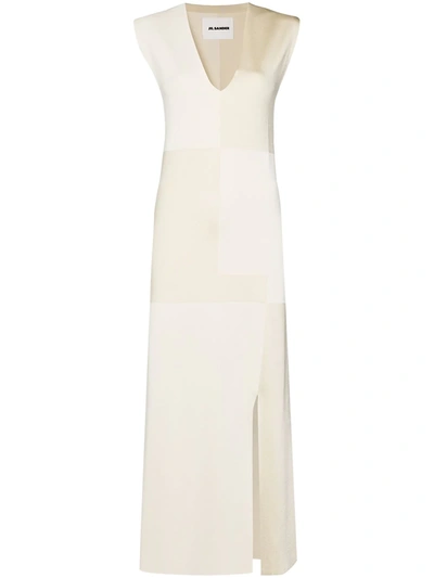 Jil Sander Patchwork Front-slit Knit Midi Dress In Neutrals