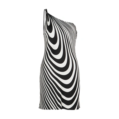 De La Vali Lithium Printed One-shoulder Satin Mini Dress In Black And White