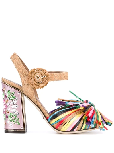 Dolce & Gabbana Woman Crystal-embellished Raffia Sandals Pink In Multicolor-pink