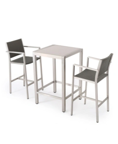 Noble House Cape Coral Outdoor 3 Piece Bar Set With Glass Table Top In Gray