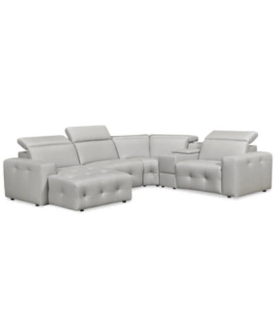 Furniture Closeout! Haigan 5-pc. Leather Chaise Sectional Sofa With 1 Power Recliner, Created For Macy's In Light Grey