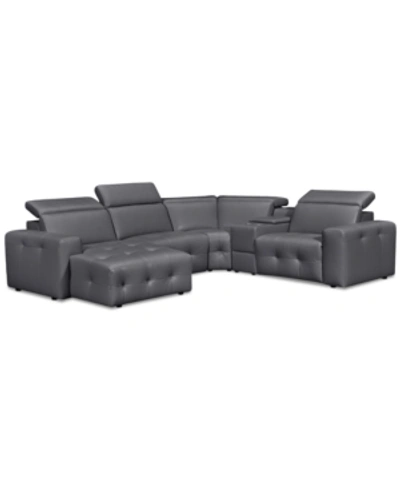 Furniture Closeout! Haigan 5-pc. Leather Chaise Sectional Sofa With 1 Power Recliner, Created For Macy's In Charcoal