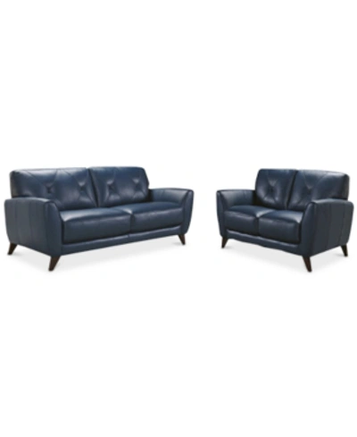 Furniture Myia 82" Tufted Back Leather Sofa And 62" Loveseat Set, Created For Macy's In Peacock Blue