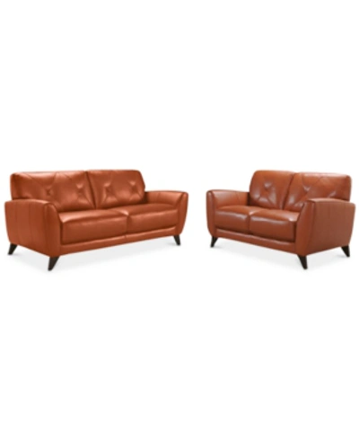 Furniture Myia 82" Tufted Back Leather Sofa And 62" Loveseat Set, Created For Macy's In Terracotta Orange