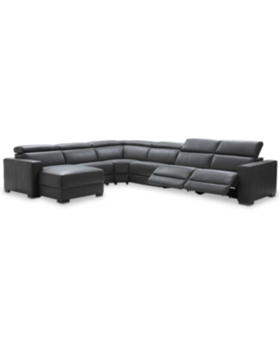 Furniture Nevio 6-pc Leather Sectional Sofa With Chaise, 2 Power Recliners And Articulating Headrests, Created In Smoke Grey