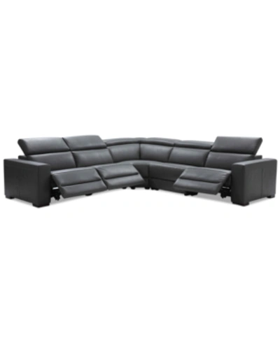 Furniture Nevio 5-pc Leather "l" Sectional With 3 Power Recliners, Created For Macy's In Smoke Grey