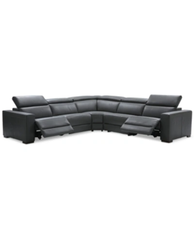 Furniture Nevio 5-pc. Leather "l" Shaped Sectional With 2 Power Recliners With Articulating Headrests, Created In Smoke Grey