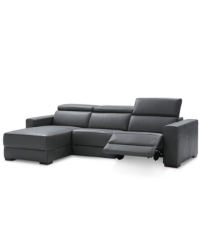 Furniture Nevio 3-pc Leather Sectional Sofa With Chaise, 1 Power Recliner And Articulating Headrests, Created In Smoke Grey