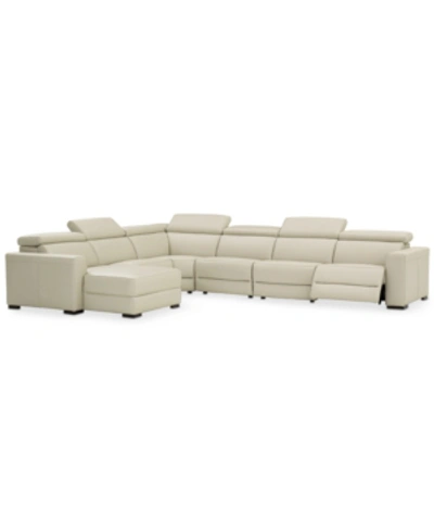 Furniture Nevio 6-pc Leather Sectional Sofa With Chaise, 1 Power Recliner And Articulating Headrests, Created In Argento Stone Ivory