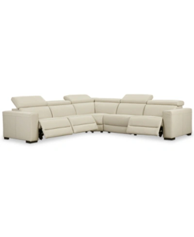 Furniture Nevio 5-pc Leather "l" Sectional With 3 Power Recliners, Created For Macy's In Argento Stone Ivory