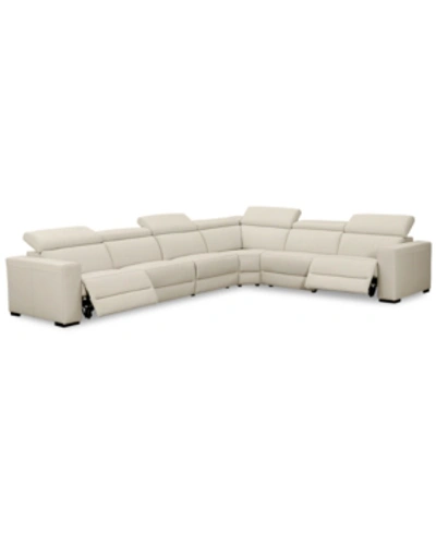Furniture Nevio 6-pc Leather "l" Shaped Sectional Sofa With 2 Power Recliners And Articulating Headrests, Crea In Argento Stone Ivory