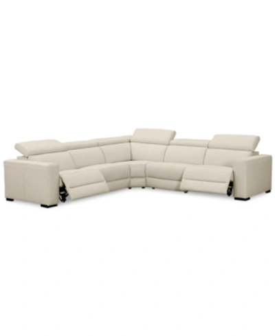 Furniture Nevio 5-pc. Leather "l" Shaped Sectional With 2 Power Recliners With Articulating Headrests, Created In Argento Stone Ivory