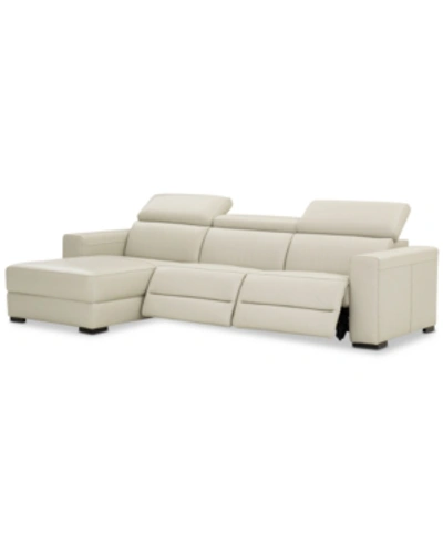 Furniture Nevio 115" 3-pc Leather Sectional Sofa With Chaise, 2 Power Recliners And Articulating Headrests, Cr In Argento Stone Ivory