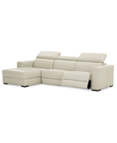 Furniture Nevio 3-pc Leather Sectional Sofa With Chaise, 1 Power Recliner And Articulating Headrests, Created In Argento Stone Ivory