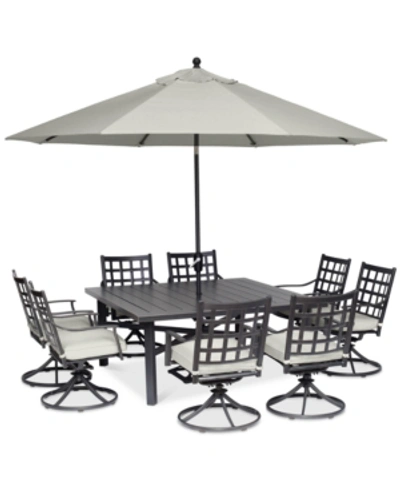 Furniture Highland Aluminum Outdoor 9-pc. Dining Set (64" Square Dining Table And 8 Swivel Rockers) With Sunbr In Cast Silver