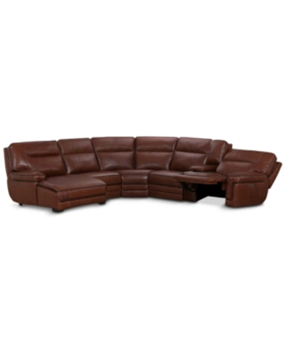 Furniture Closeout! Myars 6-pc. Leather Chaise Sectional Sofa With 1 Power Recliner, Power Headrest, And Conso In Cognac