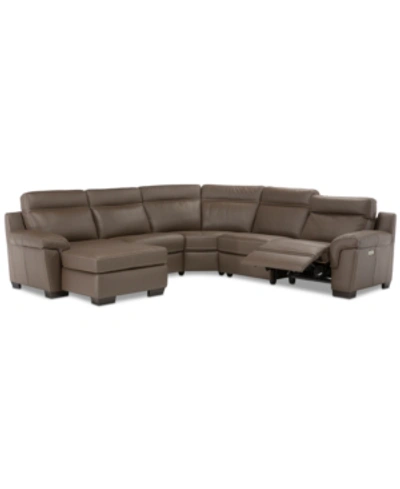 Furniture Closeout! Julius Ii 5-pc. Leather Chaise Sectional Sofa With 1 Power Recliner, Power Headrest & Usb In Dark Taupe