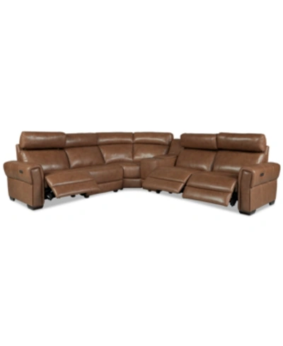 Furniture Josephia 6-pc. Leather "l" Shaped Sectional With 3 Power Recliners And Console, Created For Macy's In Bari Sambuca Cappuccino