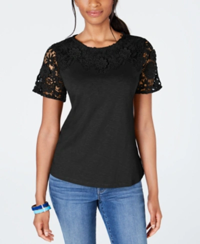Charter Club Cotton Lace-embellished T-shirt, Created For Macy's In Deep Black