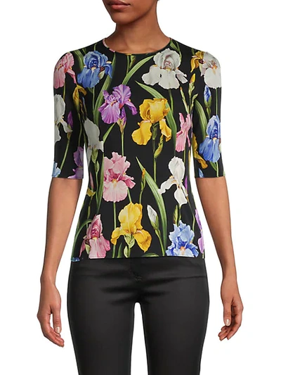 Dolce & Gabbana Black Floral Short Sleeve Blouse Silk Top