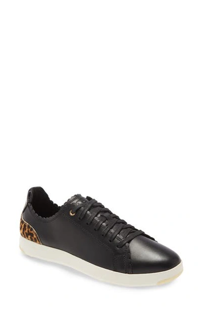 Cole Haan Gp Leather & Cow Hair Tennis Sneakers In Black Leather