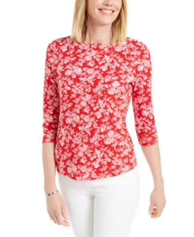 Charter Club Floral-print Pima Cotton Boat-neck Top, Created For Macy's In Red Barn Combo