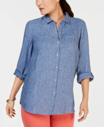 Charter Club Petite 100% Linen Button-front Shirt, Created For Macy's In Blue Ocean