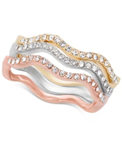 Charter Club Tri-tone Silver, Gold Plated, 18k Rose Gold Plated 3-pc. Set Pave Wavy Rings, Created For Macy's