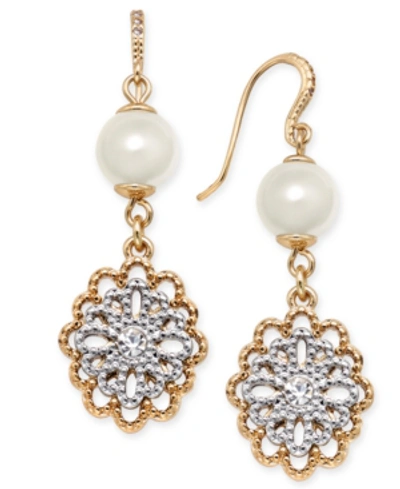 Charter Club Two-tone Crystal Filigree & Imitation Pearl Drop Earrings, Created For Macy's In Gold