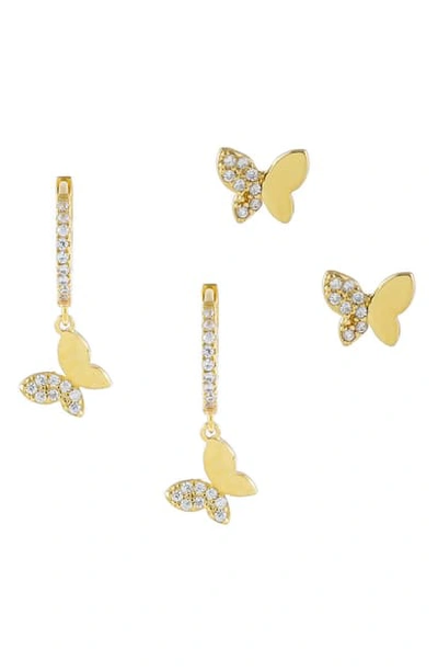 Adinas Jewels Set Of 2 Pave Butterfly Stud & Huggie Hoop Earring Set In Gold