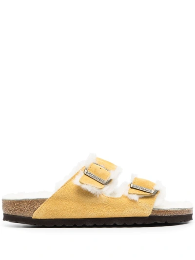 Birkenstock Arizona Genuine Shearling Slide Sandal In Ochre Suede