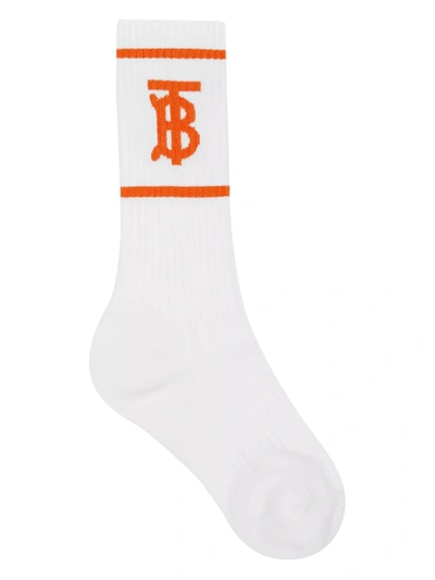 Burberry White And Orange Logo Socks