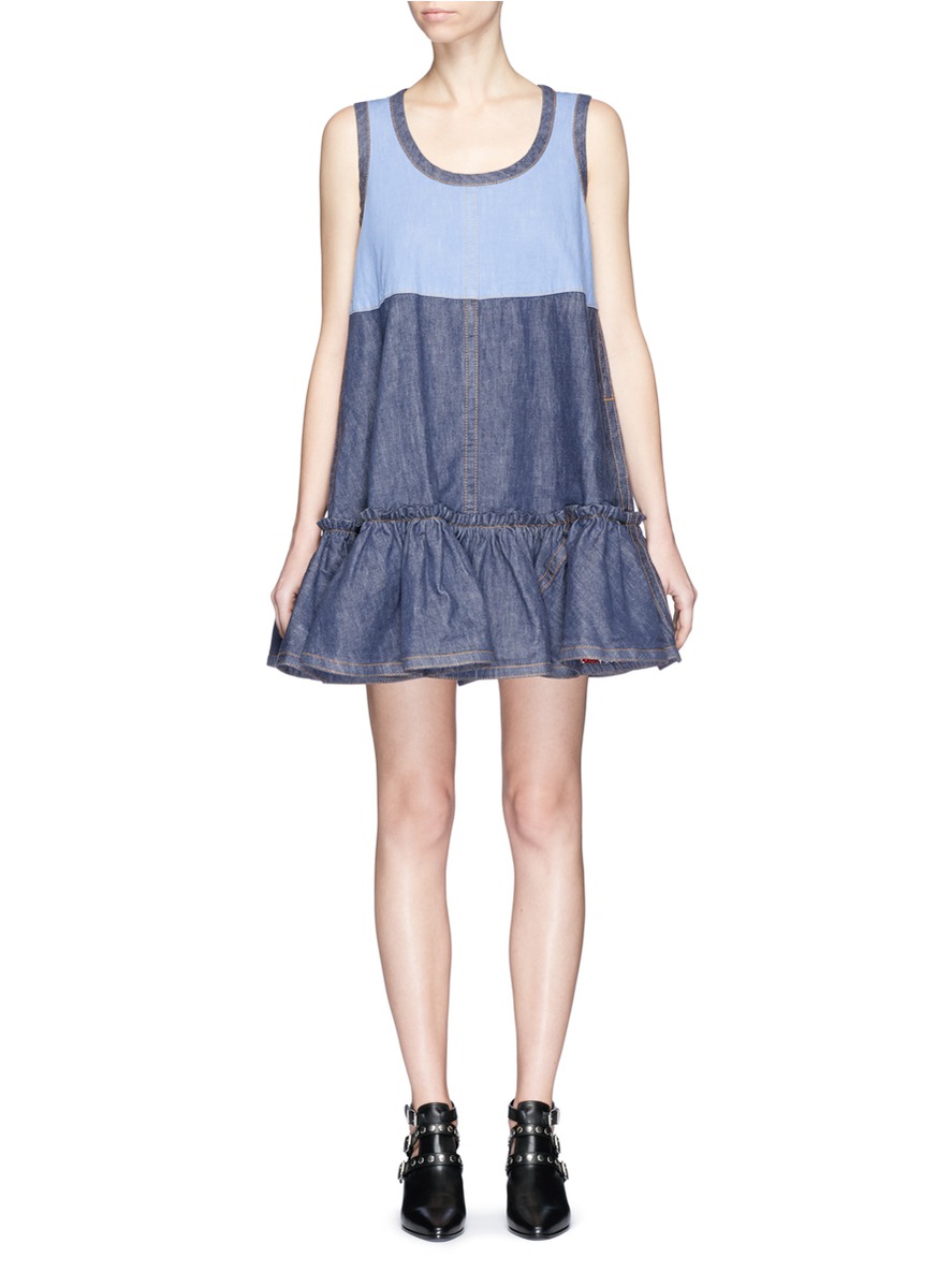 Marc Jacobs Ruffle Sleeveless Denim Dress In Blue | ModeSens