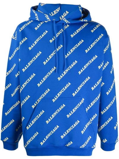 Balenciaga All-over Logo-print Hoodie In Blue
