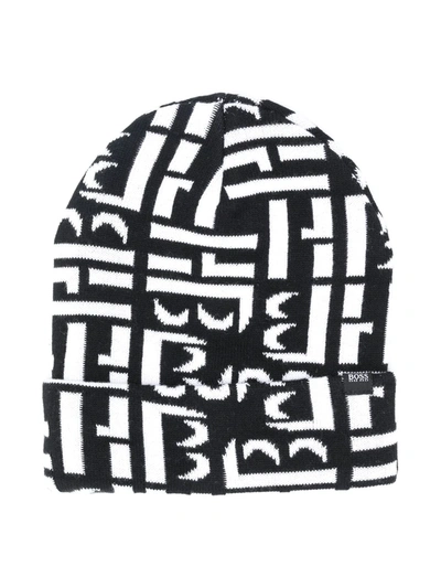 Hugo Boss Kids' All-over Logo Knit Beanie In Black