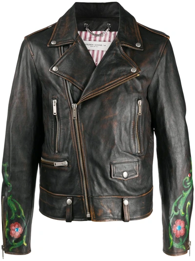 Golden Goose Floral-print Biker Jacket In Black