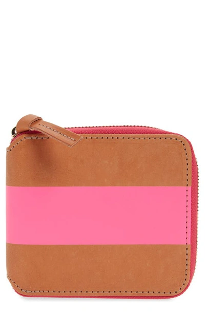 Clare V Half Zip Wallet In Russet W/neon Pink Stripe