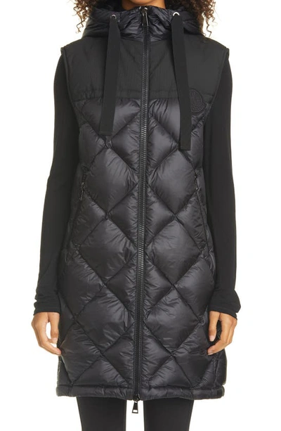 Moncler Ducos Long Hooded Down Vest In Black