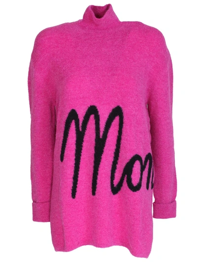 Moncler Black Lettering Logo Turtleneck In Fuchsia In Fuxia