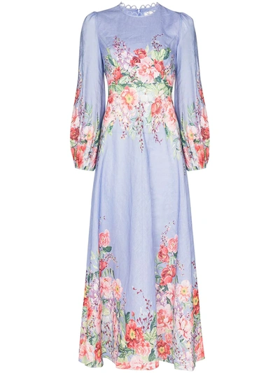 Zimmermann Bellitude Floral-print Linen Dress In Light Blue