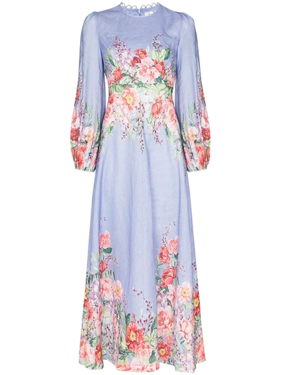 Zimmermann Bellitude Floral-print Linen Dress In Blue