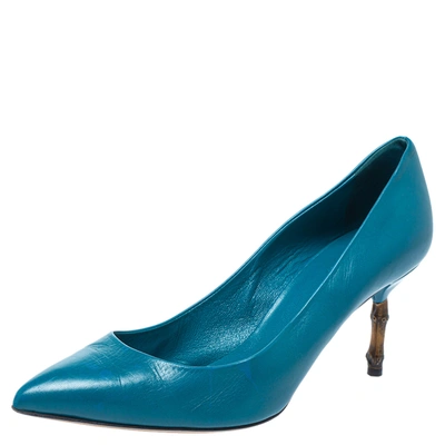 Pre-owned Gucci Blue Leather Kristen Bamboo Heel Pointed Toe Pumps Size 38