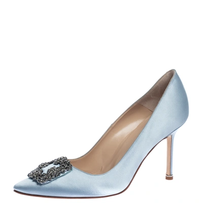 Pre-owned Manolo Blahnik Grey Satin Hangisi Crystal Embellished Pointed Toe Pumps Size 40.5