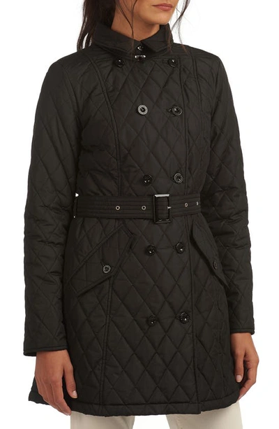 Barbour Riversdale Quilted Trench Coat In Black/ Tempest Blue Tartan