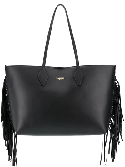 Balmain Classic 37 Fringed Leather Tote In Black