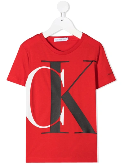 Calvin Klein Kids' Logo-print Crew-neck T-shirt In Red