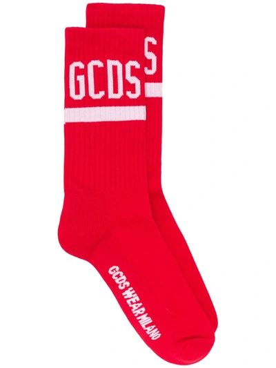 Gcds Ribbed Contrast Logo Socks In Red