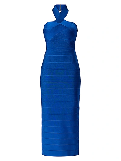 Herve Leger Ottoman Knit Band Halter Gown In Sapphire