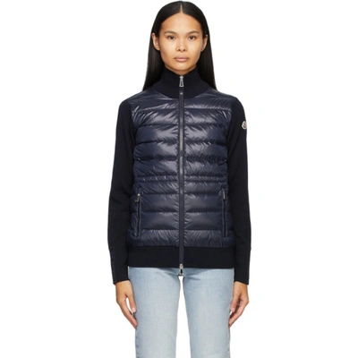 Moncler Navy Down Panelled Zip-up Jacket In Blue